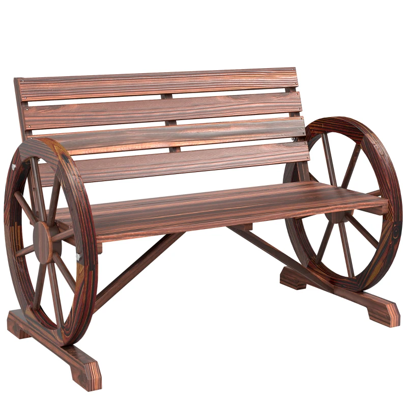 Outsunny 42" Wood Wagon Wheel Bench Garden Loveseat Rustic Seat Relaxing Lounge Chair Outdoor Decorative Seat Park Decor, Brown