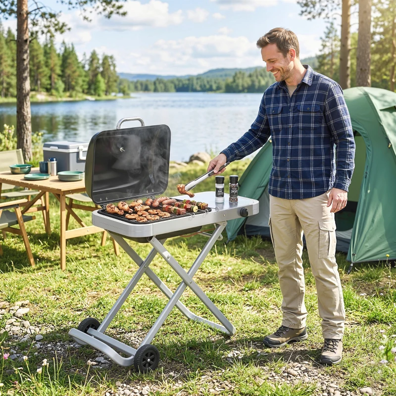 Outsunny Portable Propane Gas BBQ Grill with Foldable Cart, Wheels, 9500 BTU Gas Barbecue Grill with Piezo Ignition Burner, Black