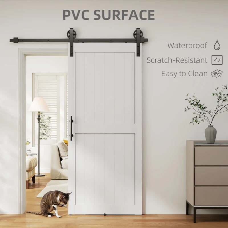 HOMCOM 36inx84in Barn Door with 6FT Sliding Door Hardware Kit, Handle, Upgraded Rollers and Floor Guide, Waterproof, White