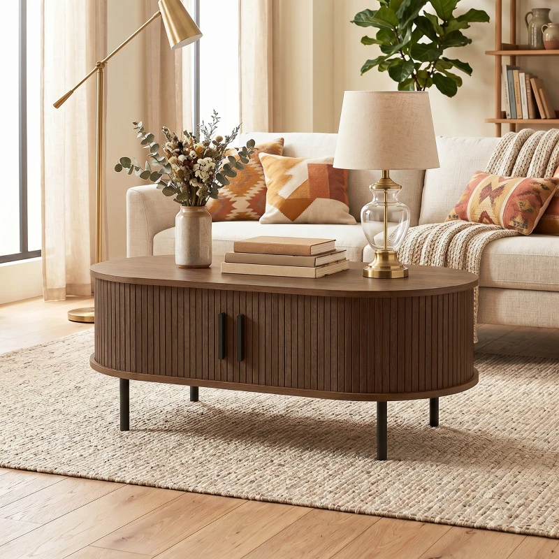HOMCOM Coffee Table with Sliding Tambour Doors and Storage Center Table with Metal Legs, 39", Brown