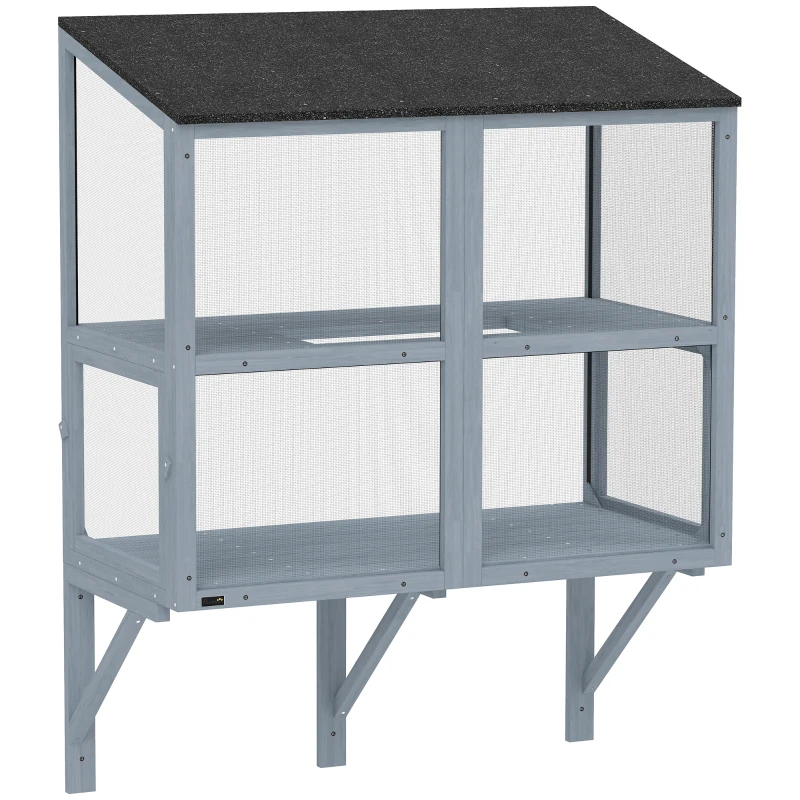 PawHut Catio Outdoor Cat Enclosure Wall-Mounted 2-Level Outdoor Cat House with Waterproof Roof 39.4" Grey