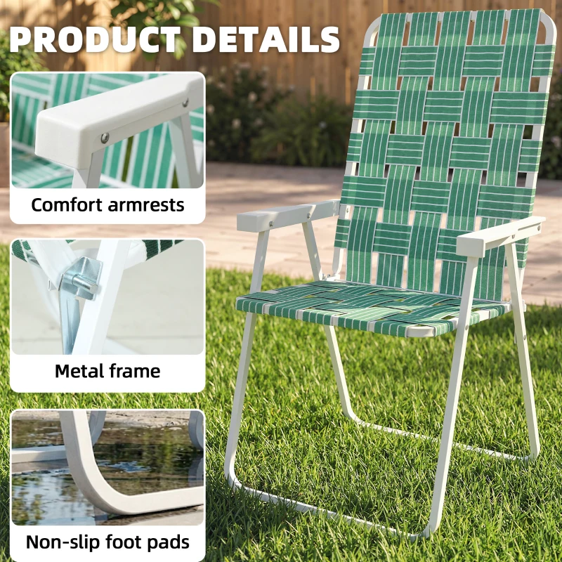 Outsunny Set of 2 Folding Patio Chairs, Portable Chair Set with Armrests for Camping, Garden, Pool, Beach, Backyard, Green