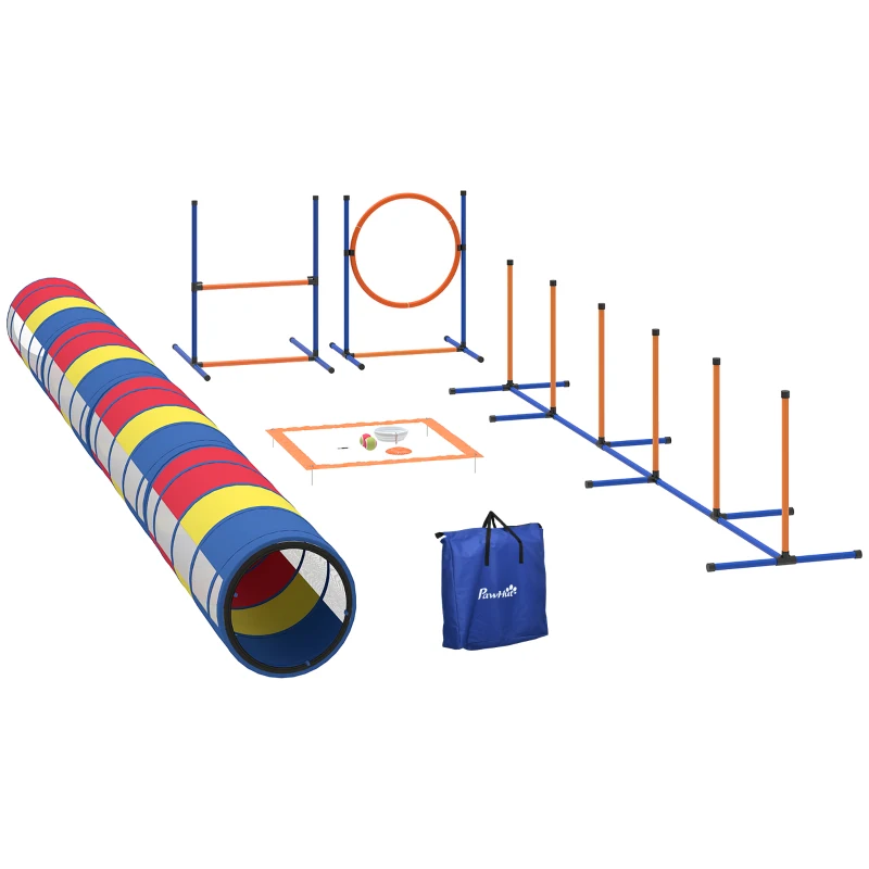 PawHut Dog Agility Training Equipment, 12-Piece Dog Obstacle Course with Adjustable Hurdle & Ring, 4 Tunnels, Weave Poles