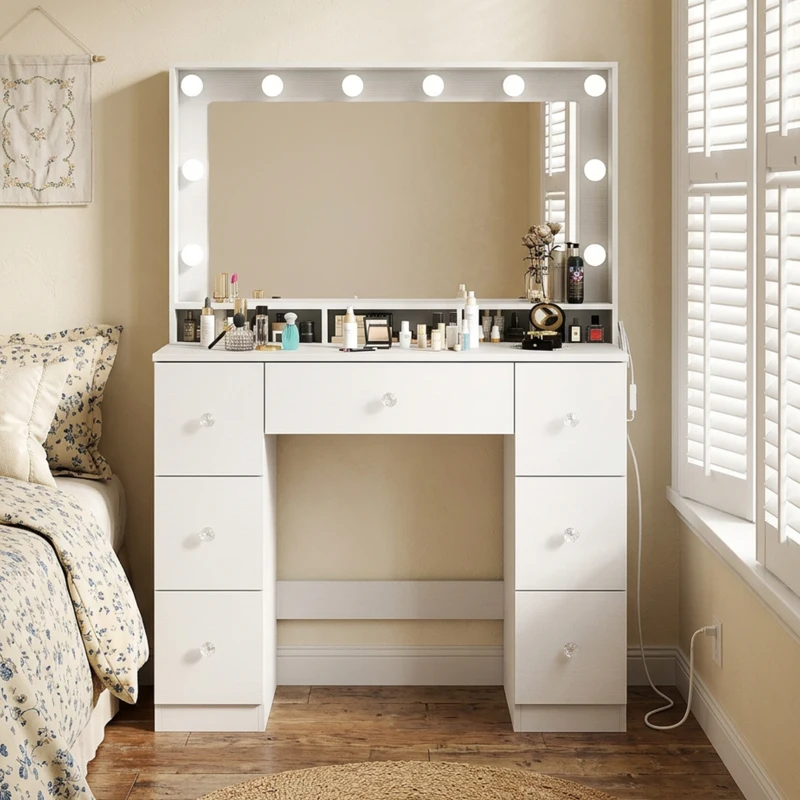 HOMCOM Vanity Desk with 10 Dimmable LED Lights, Mirror Dressing Table with 7 Drawers and Charging Station, White