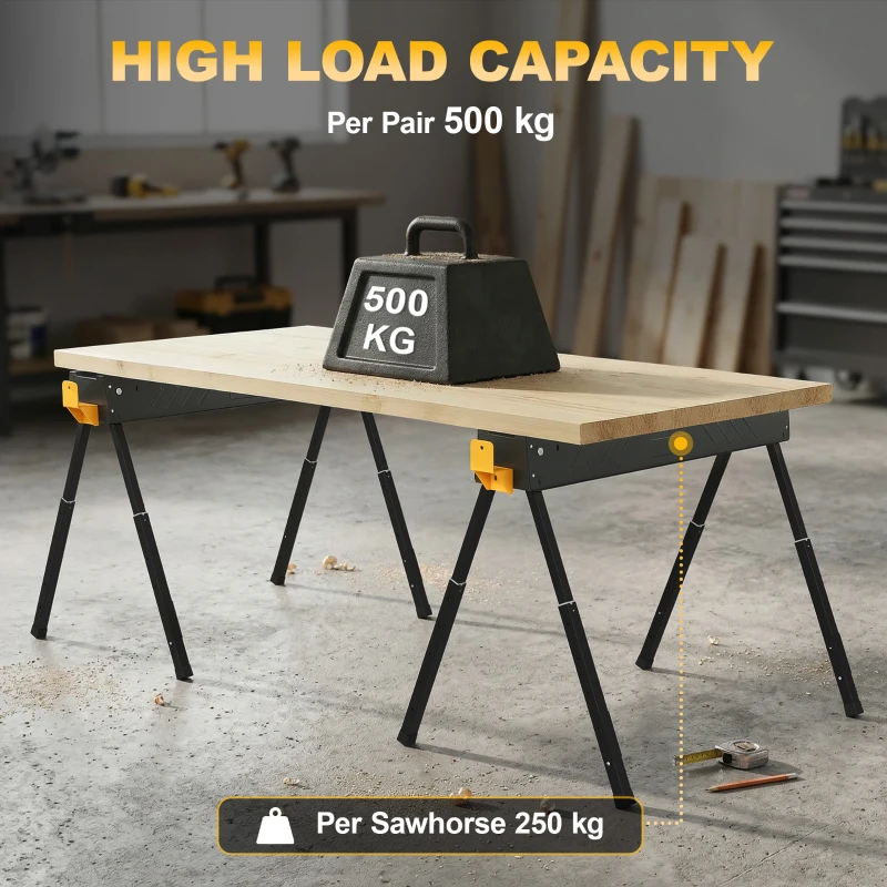 HOMCOM Mitre Saw Stands, Sawhorses with Height Adjustable Legs, 2x4 Bracket, Carry Handle, Black