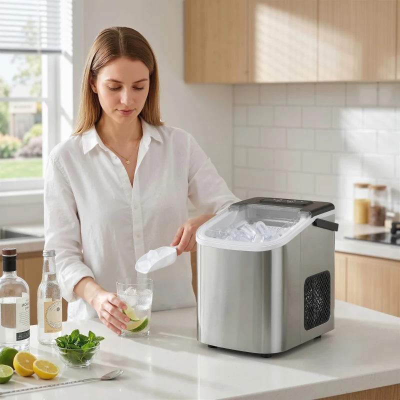 HOMCOM Portable Ice Maker Countertop, Self-Cleaning Ice Machine with 2 Bullet Ice Sizes, Ice Scoop, Silver