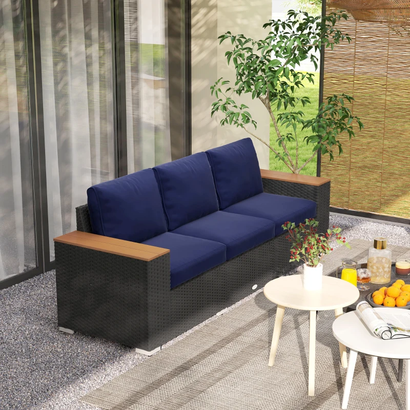 Outsunny 3-Seater Outdoor Sofa Couch, PE Wicker Patio Sofa with Cushions, Wood Grain Armrests, Dark Blue