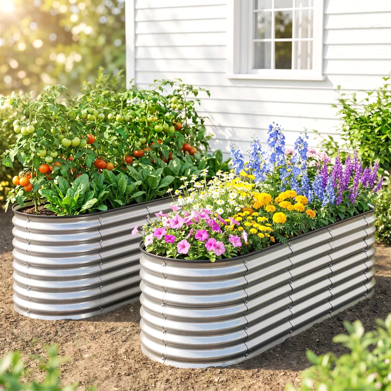 Outsunny 2Pcs Galvanized Raised Garden Bed, 6 x 2 x 2 ft Modular Metal Garden Beds with Rubber Strip Edging, Silver