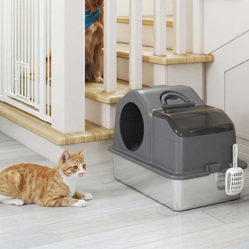 PawHut Extra Large Stainless Steel Cat Litter Box w/ High Sided, Removable Lid, Scoop, Odor Free, Non-Sticky, Dark Grey