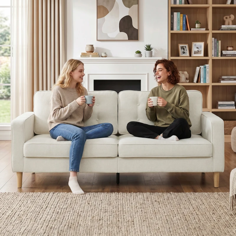 HOMCOM 3 Seater Sofa Upholstered with Padded Cushion Modern Button Tufted Couch with Wood Legs, Cream White