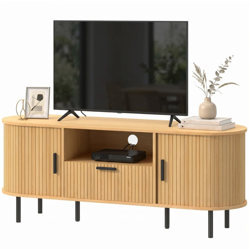 HOMCOM TV Stand for TVs up to 60", Modern Entertainment Center with Curved Sliding Doors and Storage, Natural Wood