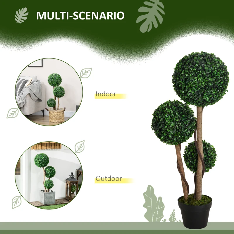 HOMCOM 35 Inch Potted Fake Plant, Artificial Boxwood Topiary Tree, Triple Ball Tree for Indoor and Outdoor, Dark Green