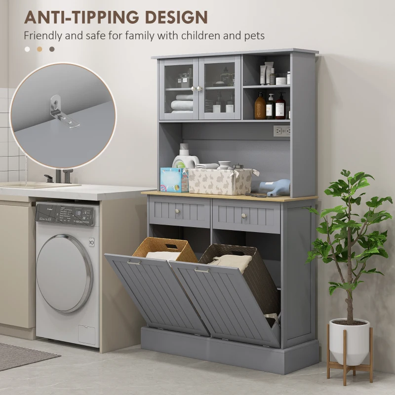 HOMCOM Kitchen Cabinet with Charging Station, 2 Tilt Out Cabinets, Microwave Stand, Freestanding Kitchen Pantry Cabinet, Grey