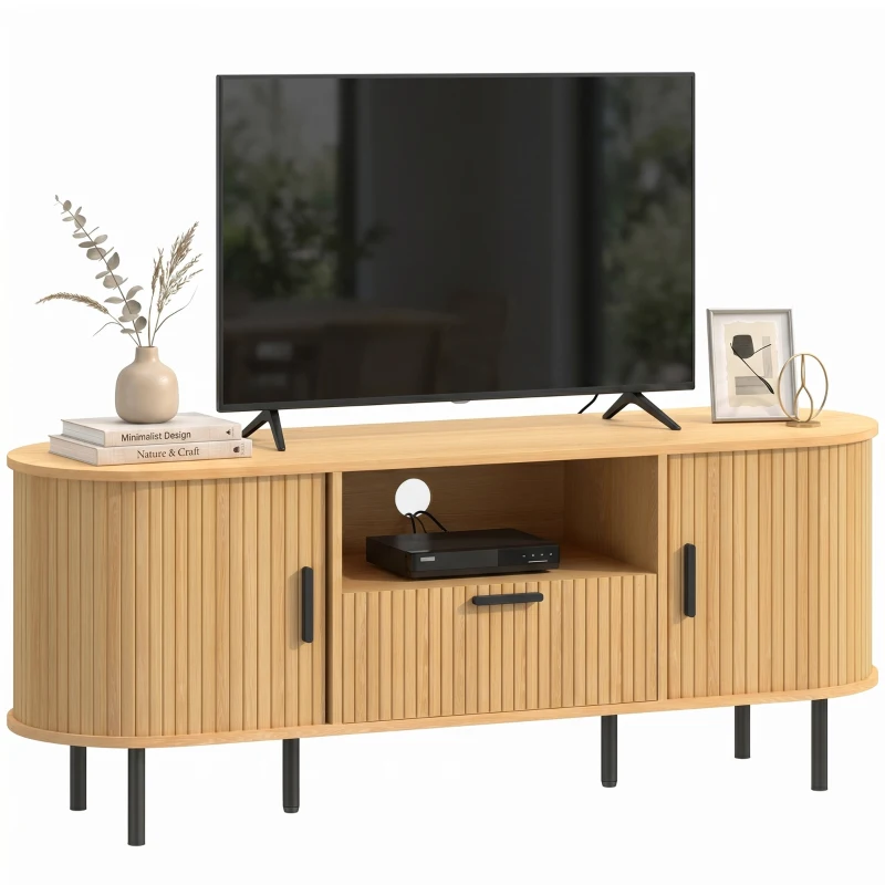 HOMCOM TV Stand for TVs up to 60", Modern Entertainment Center with Curved Sliding Doors and Storage, Natural Wood