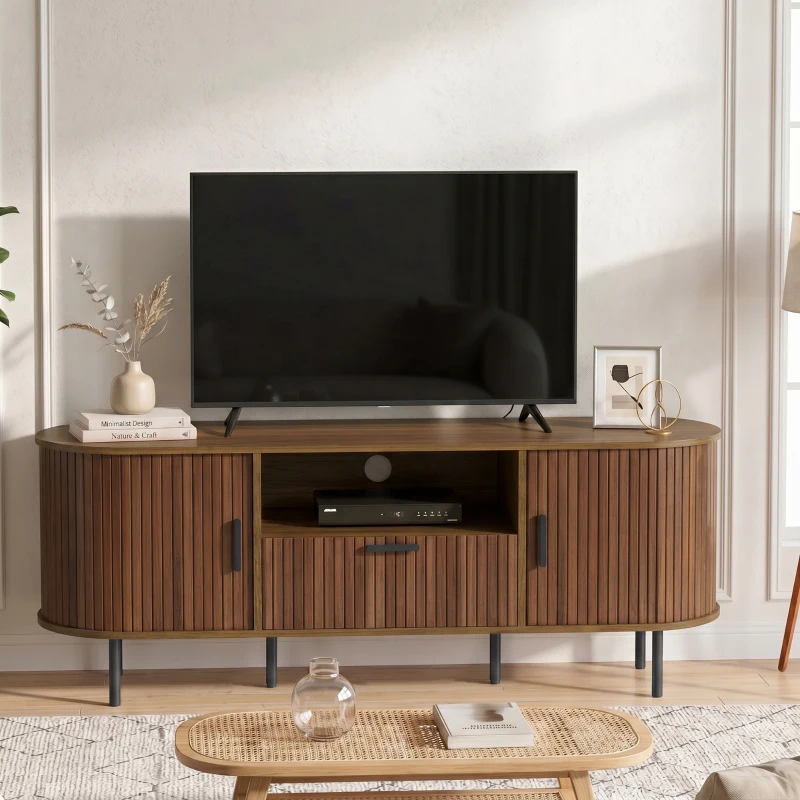 HOMCOM TV Stand for TVs up to 60", Modern Entertainment Center with Curved Sliding Doors and Storage, Brown