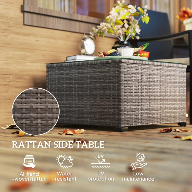 Outsunny 24.4" Patio Wicker Coffee Table, PE Rattan Outdoor Side Table with Tempered Glass Top, Black