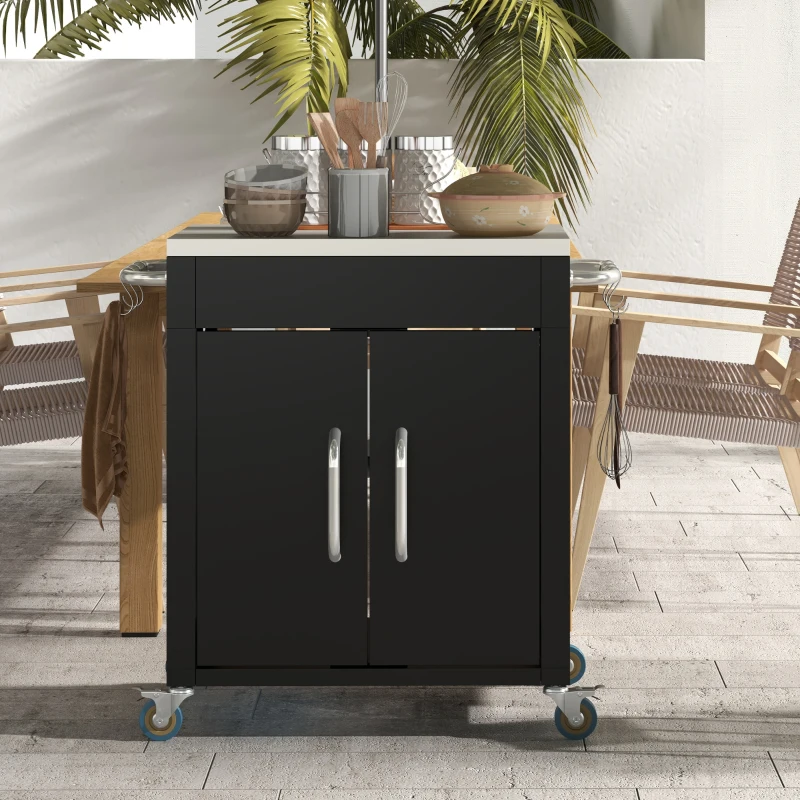 Outsunny Outdoor Grill Cart with Stainless Steel Top, Pizza Oven Table with Wheels Hooks Cabinet Handles,  Black
