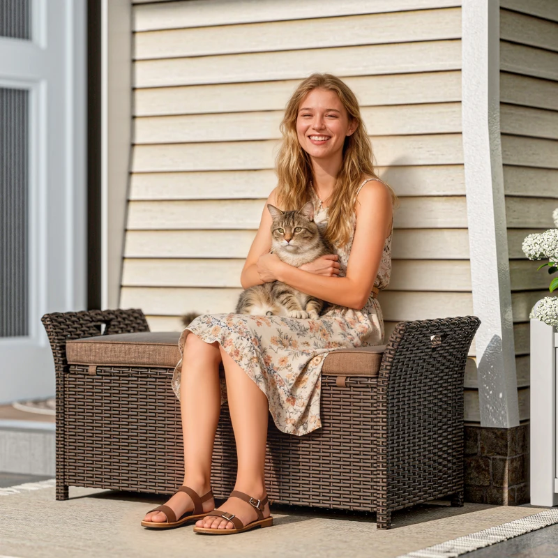 Outsunny 2-In-1 Outdoor Storage Bench, 29 Gallon Wicker Deck Box with Handles and Cushion, Tan