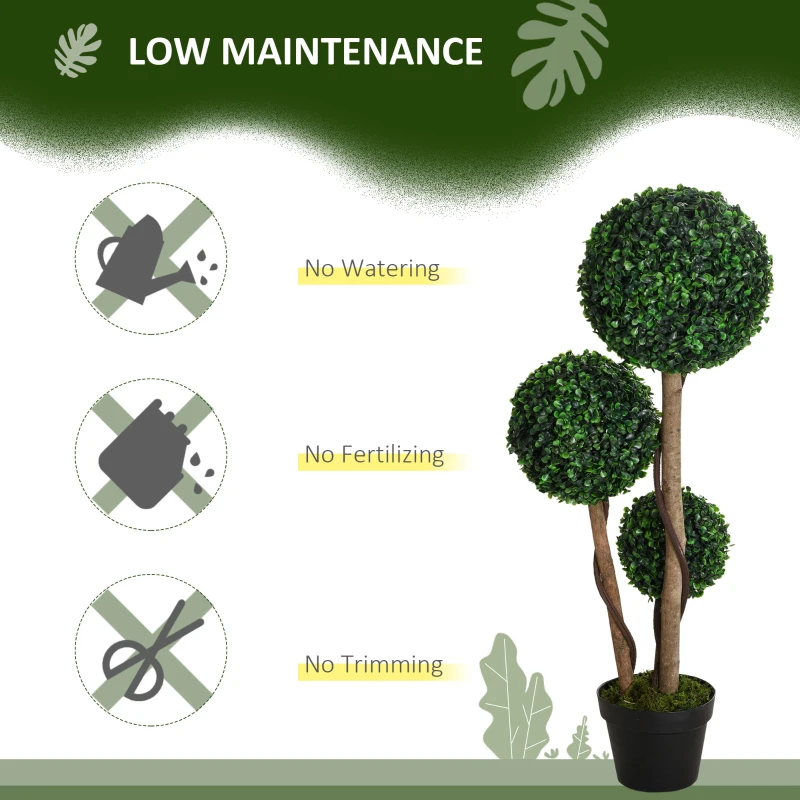 HOMCOM 35 Inch Potted Fake Plant, Artificial Boxwood Topiary Tree, Triple Ball Tree for Indoor and Outdoor, Dark Green