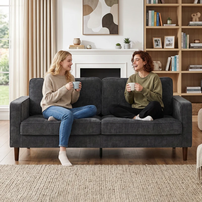HOMCOM 3 Seater Sofa Upholstered with Padded Cushion Modern Button Tufted Couch with Wood Legs, Dark Grey