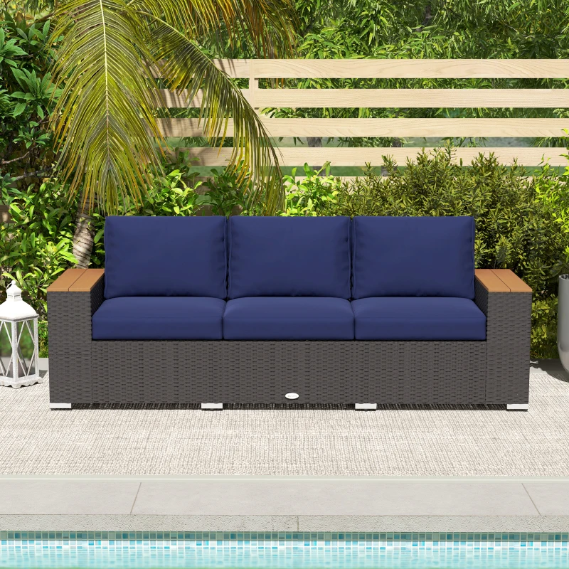 Outsunny 3-Seater Outdoor Sofa Couch, PE Wicker Patio Sofa with Cushions, Wood Grain Armrests, Dark Blue