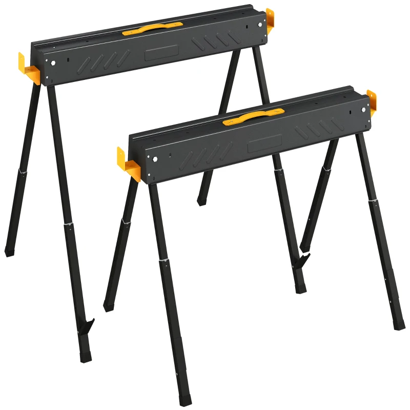 HOMCOM Mitre Saw Stands, Sawhorses with Height Adjustable Legs, 2x4 Bracket, Carry Handle, Black
