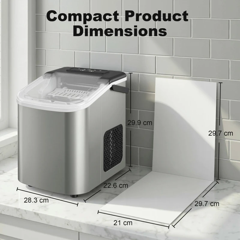 HOMCOM Portable Ice Maker Countertop, Self-Cleaning Ice Machine with 2 Bullet Ice Sizes, Ice Scoop, Silver