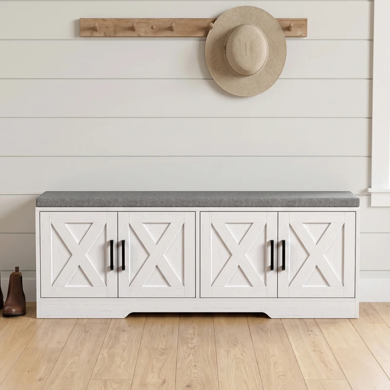 HOMCOM Shoe Bench with Cushion Shoe Storage Bench with Doors Adjustable Shelves for Entryway, White