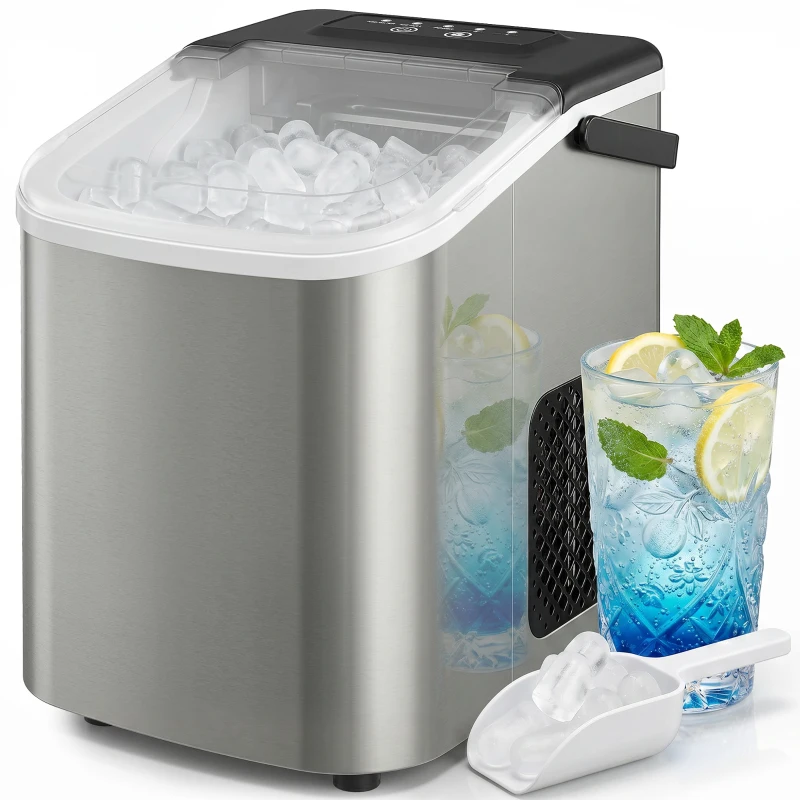 HOMCOM Portable Ice Maker Countertop, Self-Cleaning Ice Machine with 2 Bullet Ice Sizes, Ice Scoop, Silver