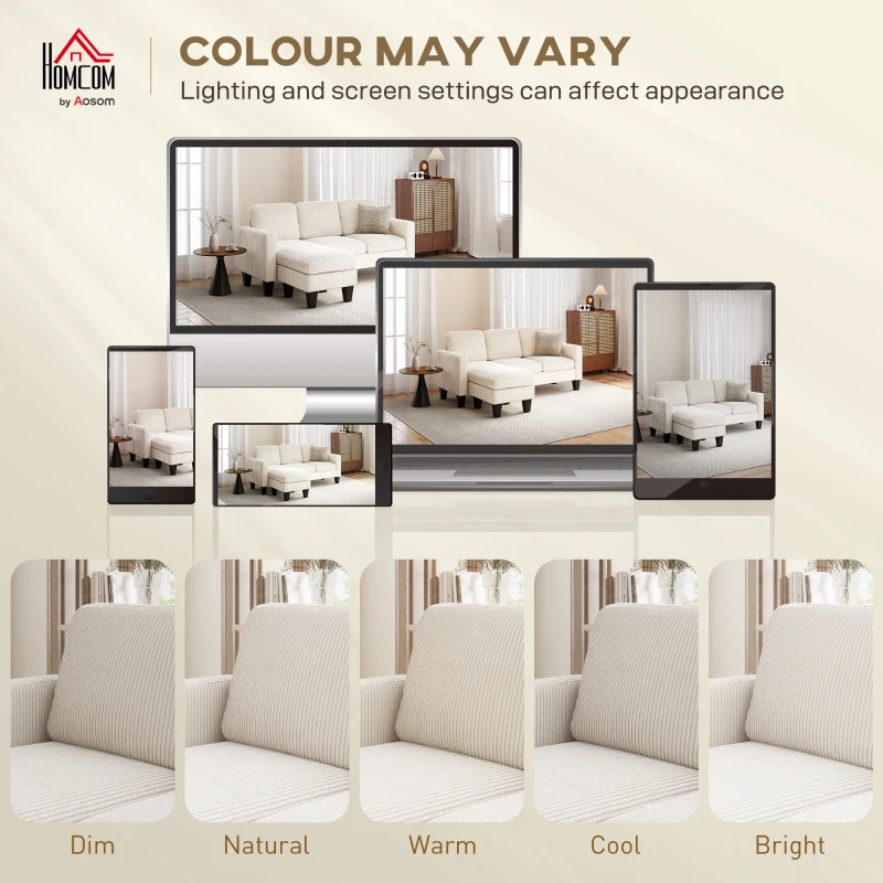 HOMCOM Sectional Sofa, L Shaped Couch, with Changeable Chaise or Ottoman, Cream White