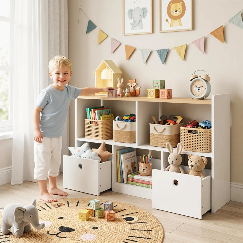 Qaba Toy Storage Organizer, Toy Organizers and Storage with 2 Movable Drawers and 3 Cubbies for Playroom, Nursery, White