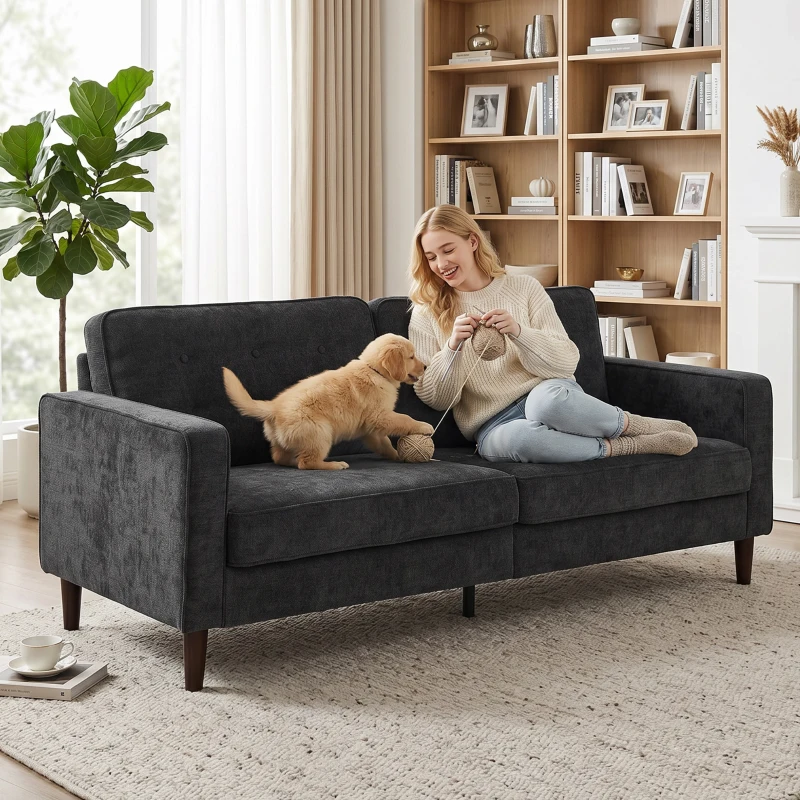 HOMCOM 3 Seater Sofa Upholstered with Padded Cushion Modern Button Tufted Couch with Wood Legs, Dark Grey