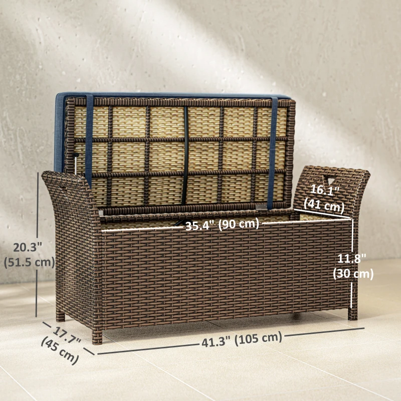 Outsunny 2-In-1 Outdoor Storage Bench, 29 Gallon Wicker Deck Box with Handles and Cushion, Navy Blue