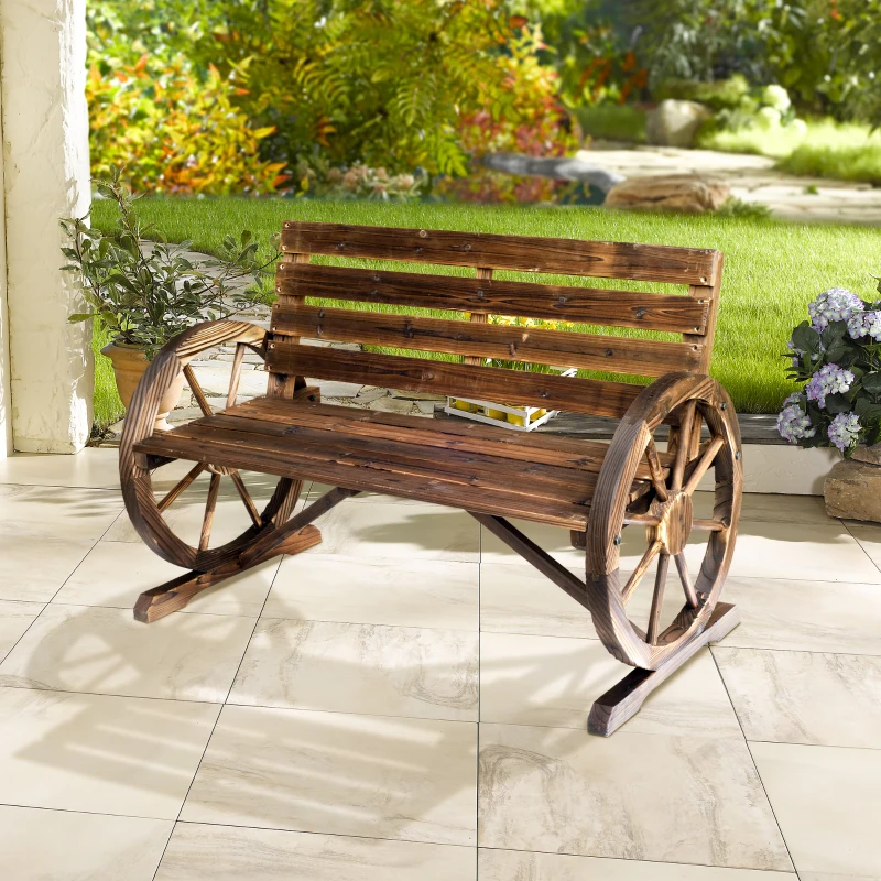 Outsunny 42" Wood Wagon Wheel Bench Garden Loveseat Rustic Seat Relaxing Lounge Chair Outdoor Decorative Seat Park Decor, Brown