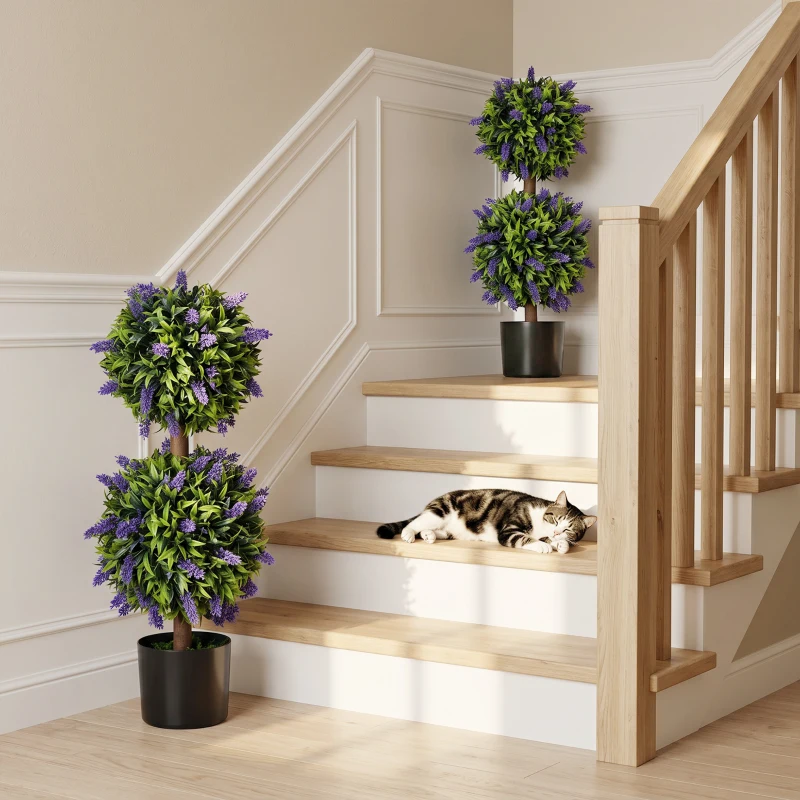 HOMCOM 2.3ft Set of 2 Artificial Plants, Lavender Flowers Ball Trees with Pot, for Home Indoor Outdoor Decor