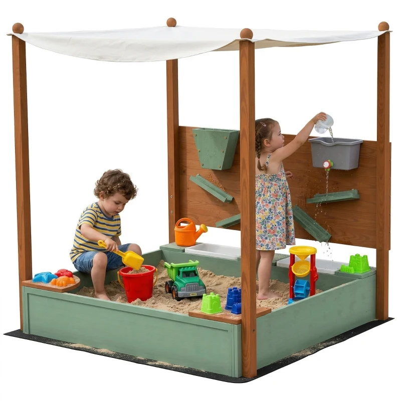 Qaba Wooden Kids Sandbox with Canopy, Sand Wall, Bottom Liner, for 3-6 Years, 46" x 44" W x 50", Green