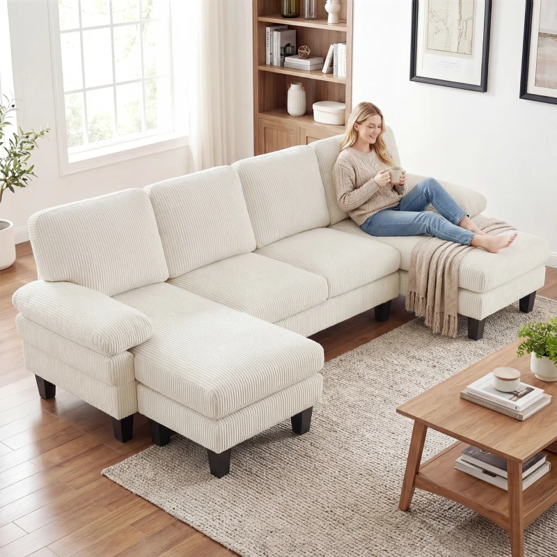 HOMCOM Sectional Sofa, U Shaped Couch with Double Chaise, Pillow-top Armrests and Spring Cushions, 2200lb Capacity, Beige