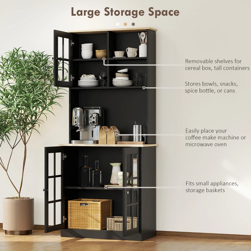 HOMCOM Kitchen Buffet with Hutch, Storage Pantry with 3 Cabinets, 2 Open Shelves and Large Countertop, Black(m-16)