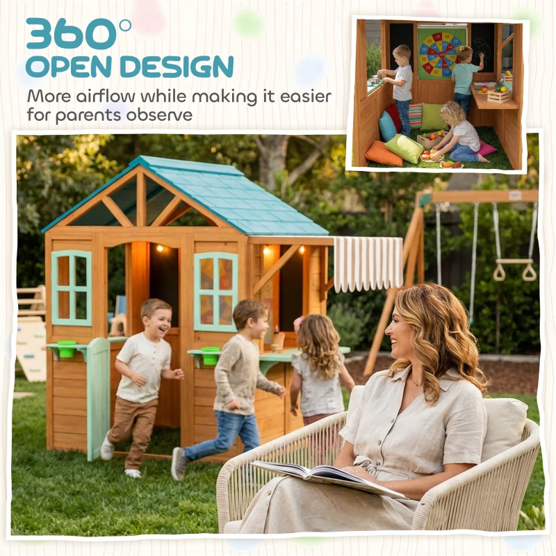 Qaba Outdoor Playhouse with Snack Bar, Half Door, Windows, Flowerpot Holders, Chalkboard, Tossing Game