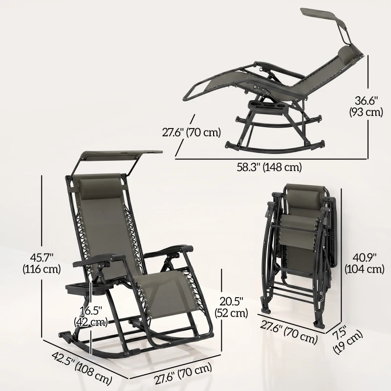 Outsunny 2 in 1 Adjustable Zero Gravity Reclining Lounge Chair Garden Recliner and Rocker Foldable Sun Lounger Napping Seat w/ Headrest & Tray Grey