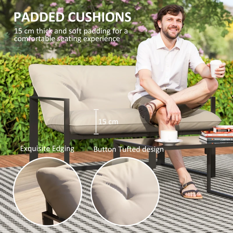Outsunny 4 Piece Outdoor Furniture Set, Patio Conversation Set with Tempered Glass Table, Loveseat, 2 Chairs and Cushions, Beige