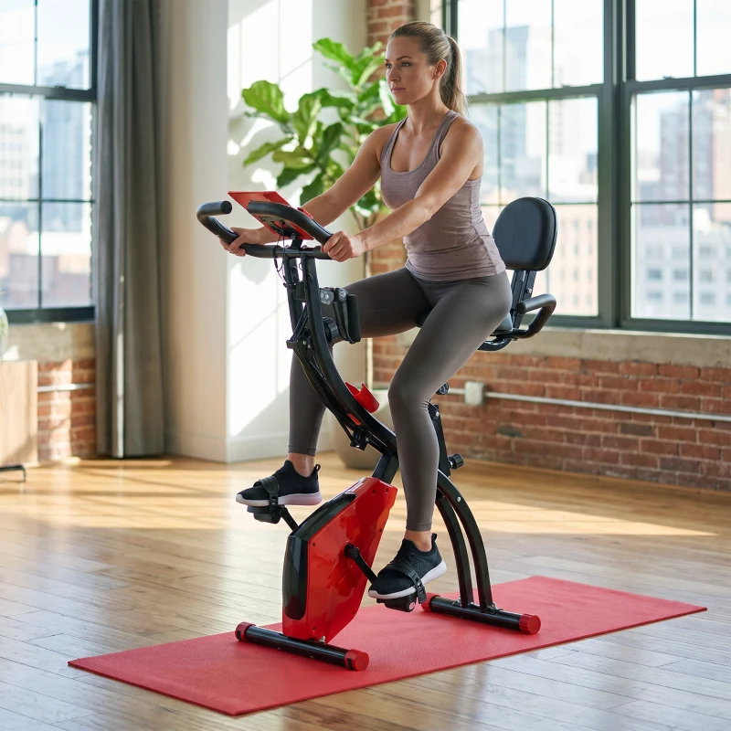 Soozier 3 in 1 Folding Exercise Bike, Foldable Stationary Bike with 8-Level Magnetic Resistance, Adjustable Seat, Red