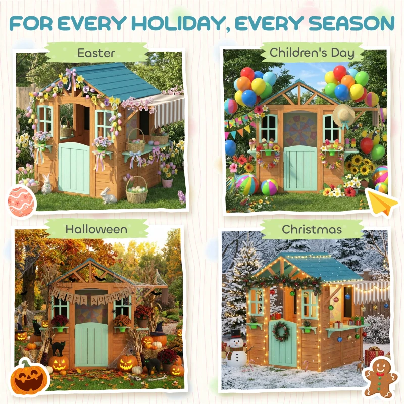 Qaba Outdoor Playhouse with Snack Bar, Half Door, Windows, Flowerpot Holders, Chalkboard, Tossing Game