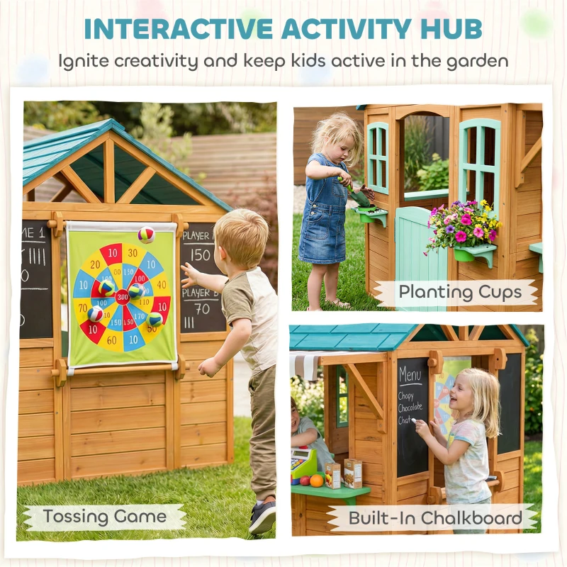 Qaba Outdoor Playhouse with Snack Bar, Half Door, Windows, Flowerpot Holders, Chalkboard, Tossing Game