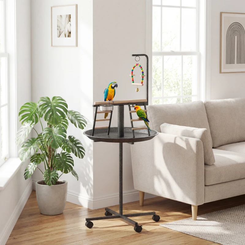 PawHut Bird Stand with Wheels Parrot Play Stand with Round Tray Stainless Steel Feed Bowls Indoor Outdoor Dark Gray