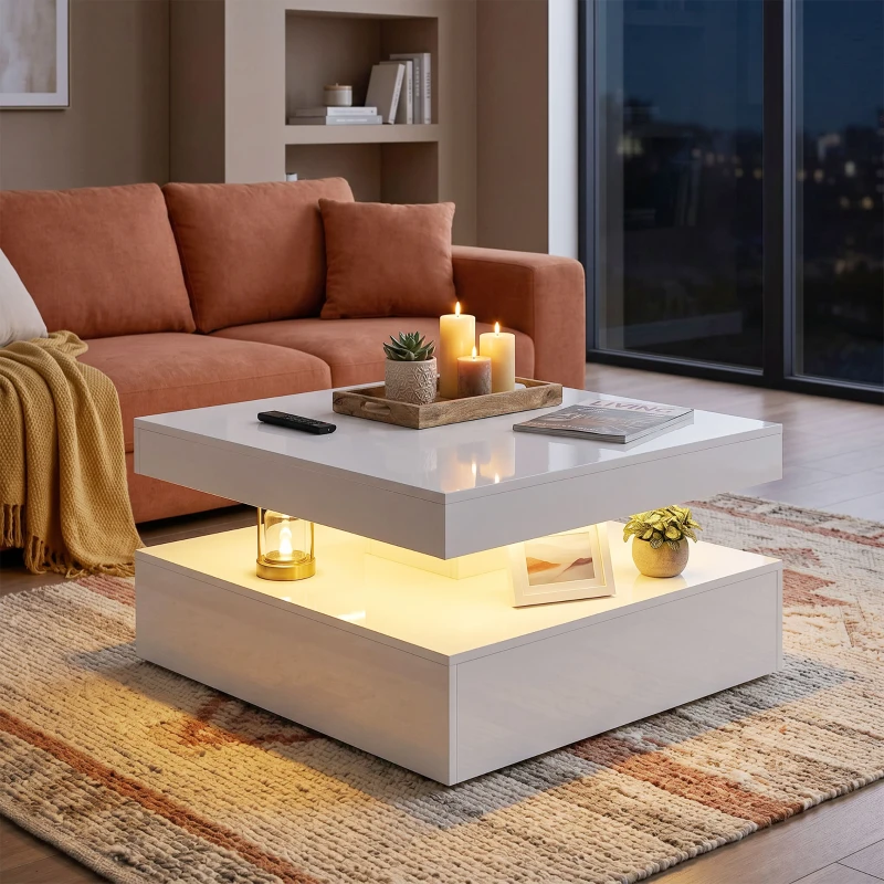 HOMCOM LED Coffee Table with Storage, 2-Tier Modern Center Table with Open Shelf and Remote for Living Room, High Gloss White