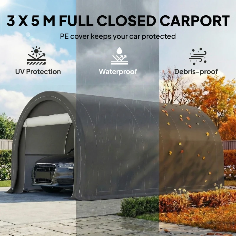 Outsunny 10' x 16' Heavy Duty Portable Carport Tent with Zippered Door, PE Cover for Car, Boat, Motorcycle, Bike, Grey