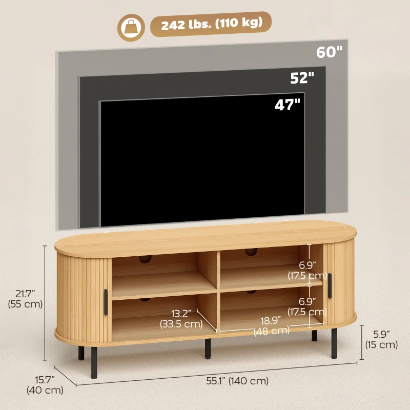 HOMCOM TV Stand for TVs up to 60", Modern Entertainment Center with Curved Sliding Doors, Natural Wood