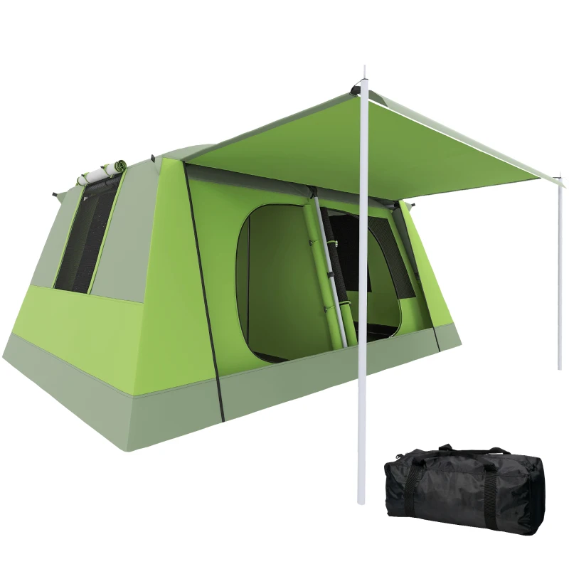 Outsunny Tunnel Tent Camping Shelter w/ Porch, Two Rooms, Lamp Hook, Portable Carry Bag, Green