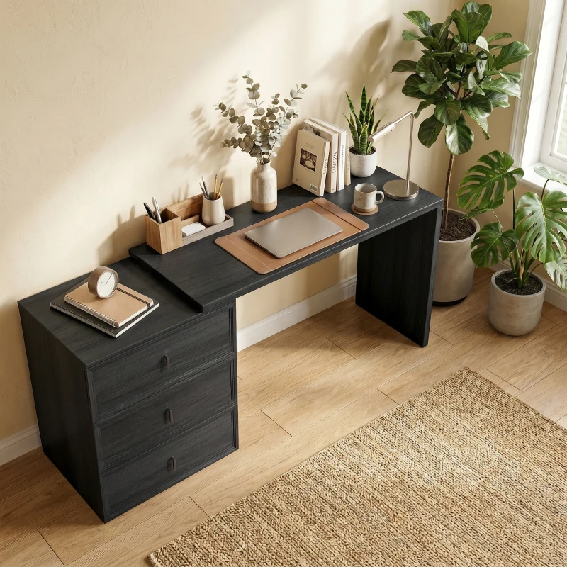 HOMCOM L Shaped Computer Desk Home Office Desk with 3 Drawers Black Wood Grain
